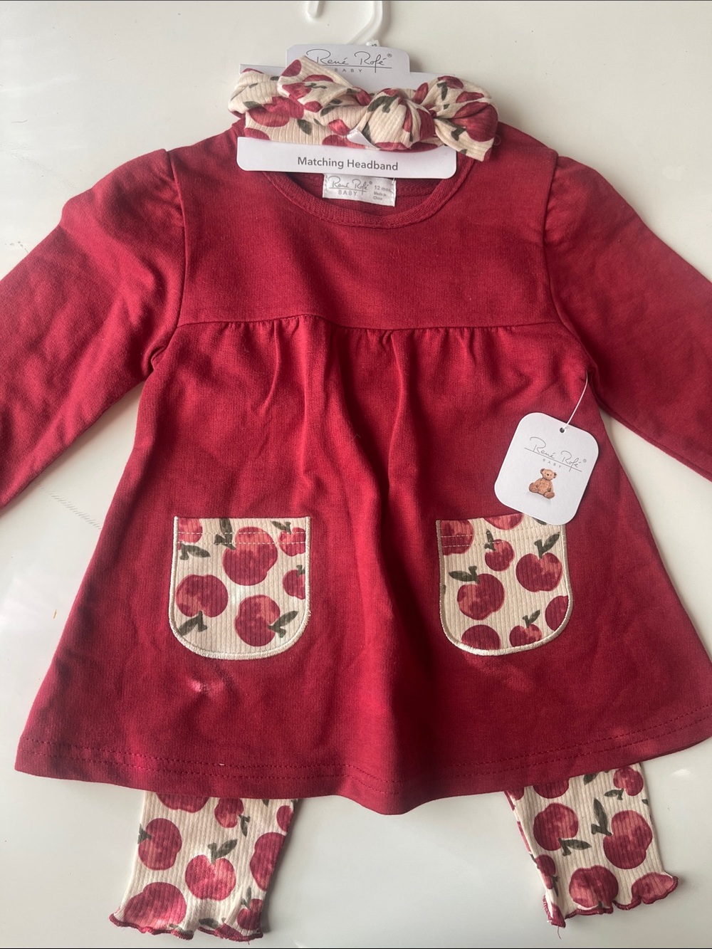 Rene Rofe baby Red Dress Set with Cream Apple Accents
